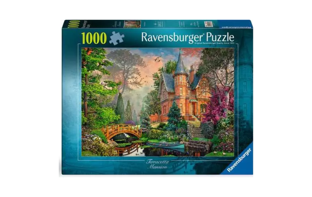 Terracotta Mansion 1000 Piece Jigsaw Puzzle by Ravensburger showing a scenic house and garden