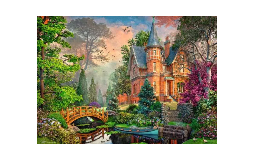 Scenic Terracotta Mansion 1000 Piece Jigsaw Puzzle by Ravensburger featuring lush gardens and a bridge