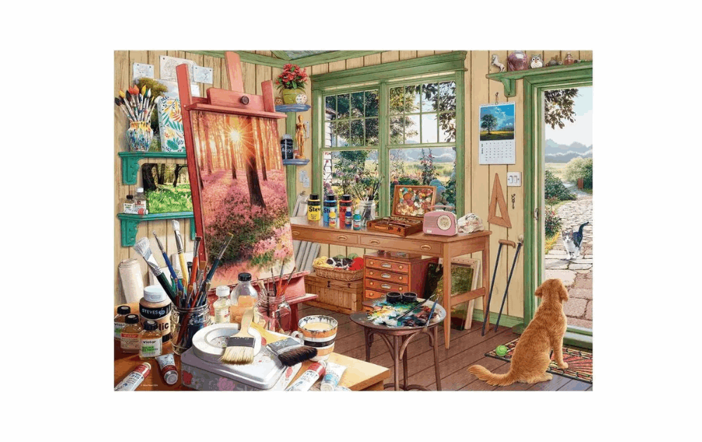 The Artist's Shed 1000 piece puzzle featuring a cozy artist's studio with painting supplies and a view outdoors
