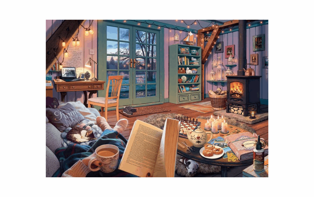 Cozy indoor scene featuring The Cosy Shed jigsaw puzzle by Ravensburger with warm lighting and comfort items