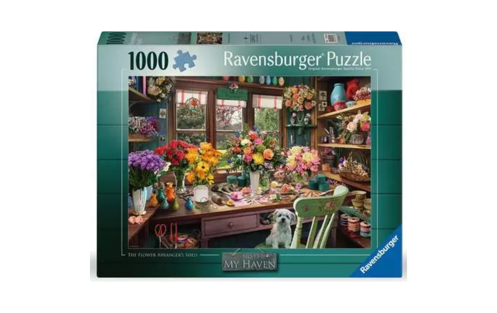 The Flower Arranger's Shed (My Haven No 13) 1000 Piece Jigsaw Puzzle by Ravensburger featuring a colourful flower shop scene