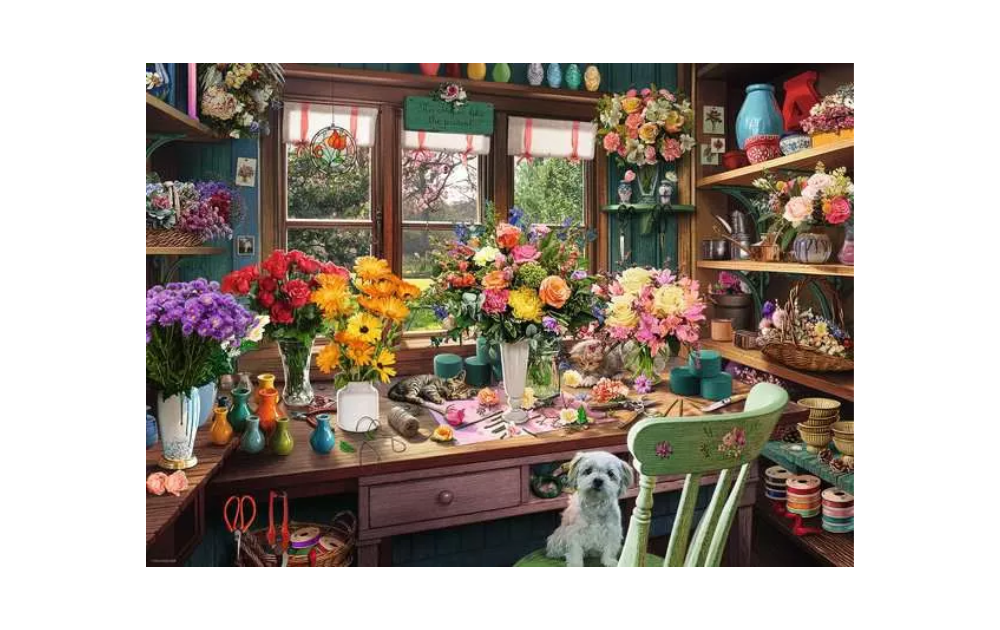 The Flower Arranger's Shed (My Haven No 13) 1000 Piece Jigsaw Puzzle by Ravensburger featuring a flower-filled shed