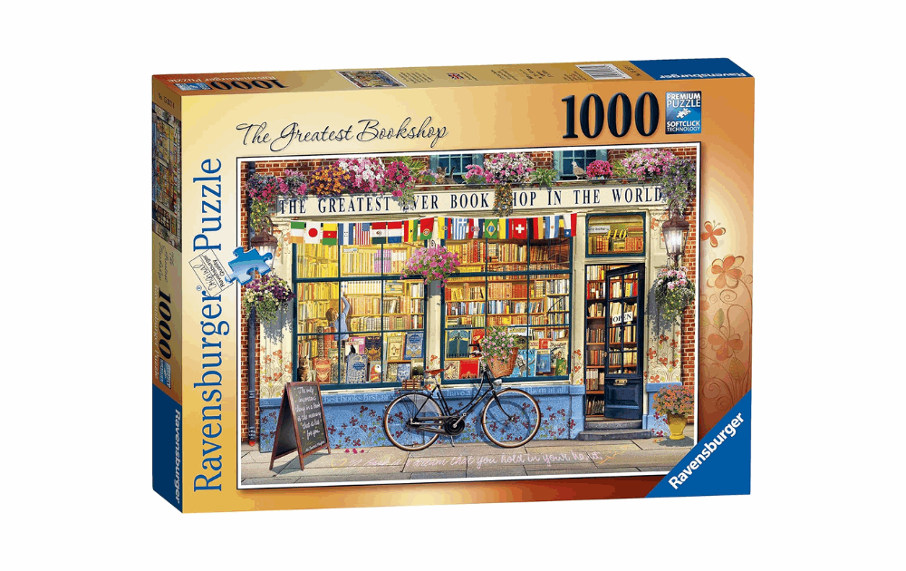 Ravensburger The Greatest Bookshop puzzle featuring a colorful bookshop storefront with a bicycle