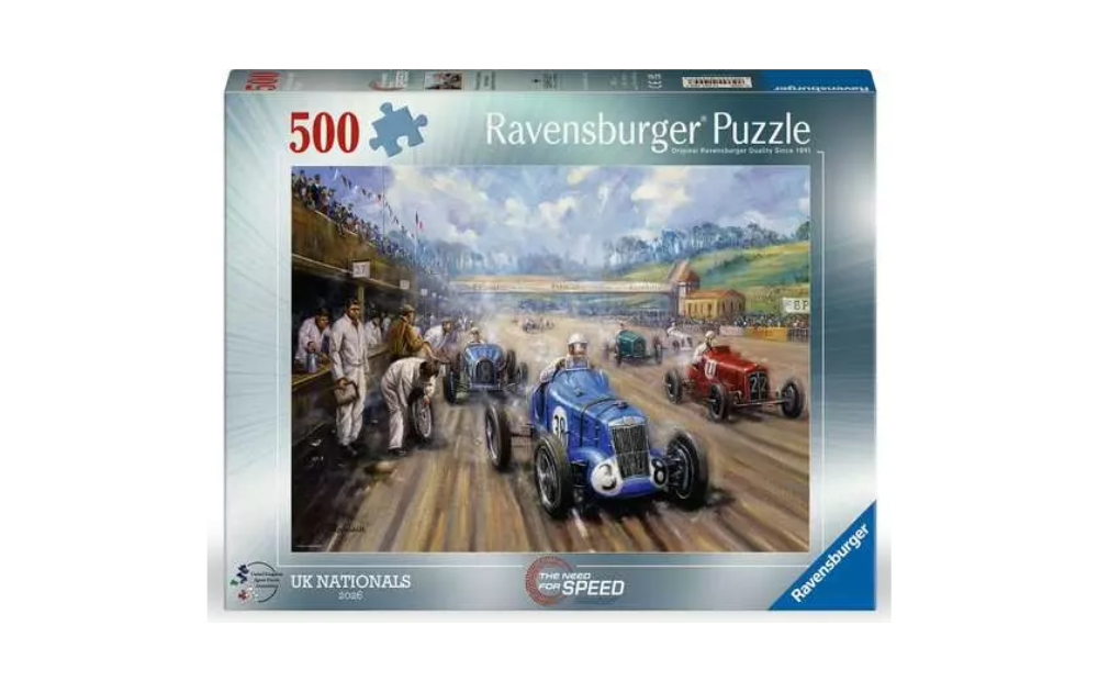 The Need for Speed 500 Piece Jigsaw Puzzle by Ravensburger featuring classic racing cars on a track