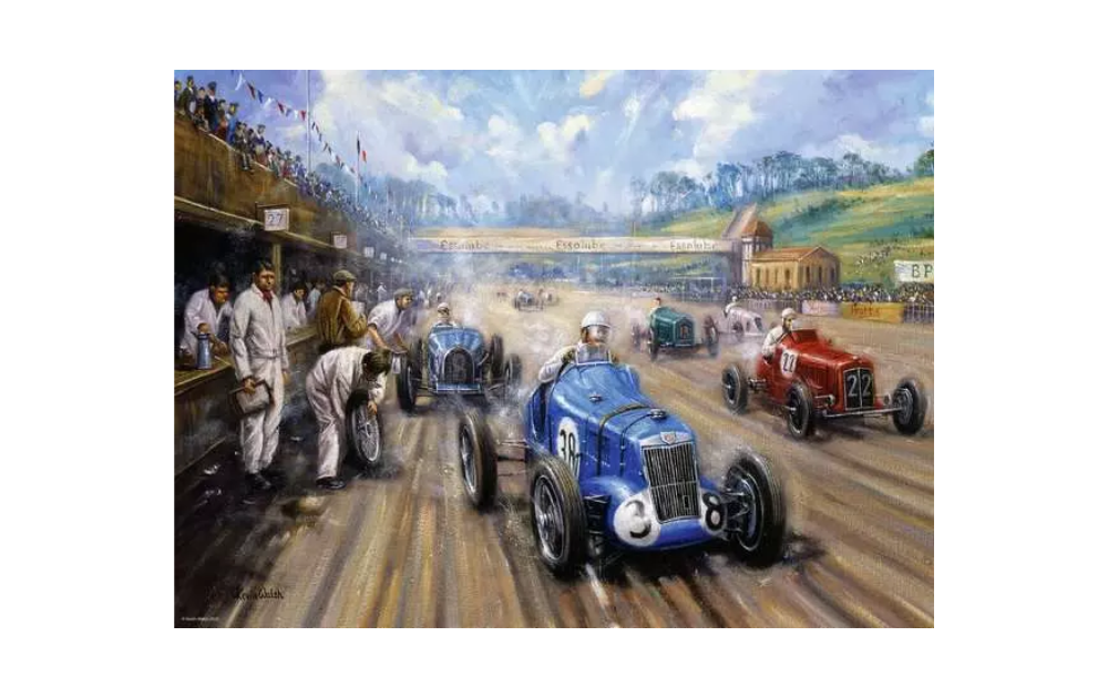 The Need for Speed 500 Piece Jigsaw Puzzle by Ravensburger depicting classic race cars in action at a historic racing event