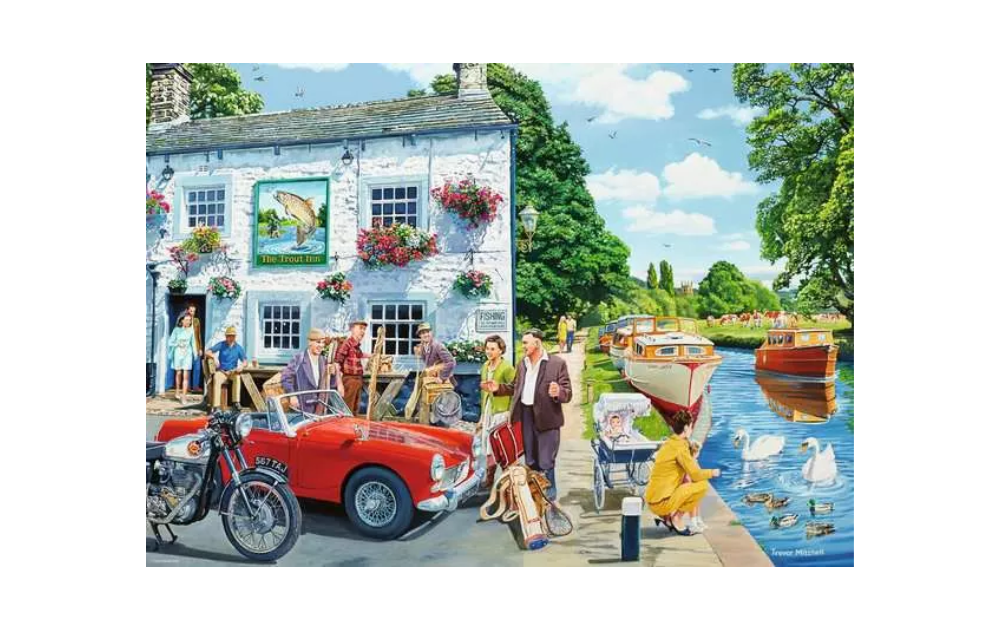 Ravensburger the one that got away jigsaw puzzle riverside village scene with classic car boats and swans