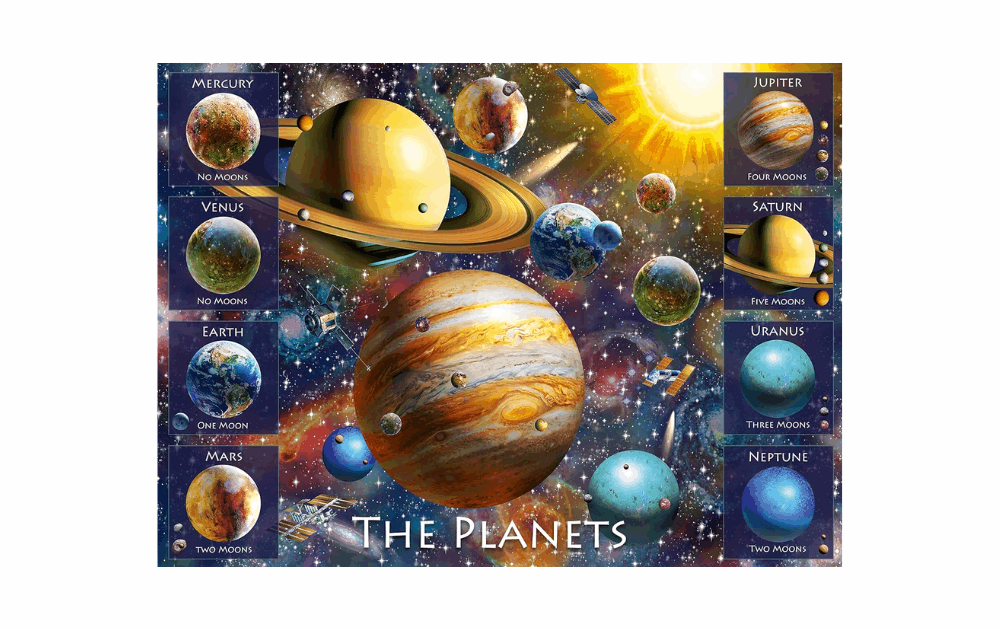 Ravensburger The Planets puzzle featuring vibrant planets and moons in a colorful space scene