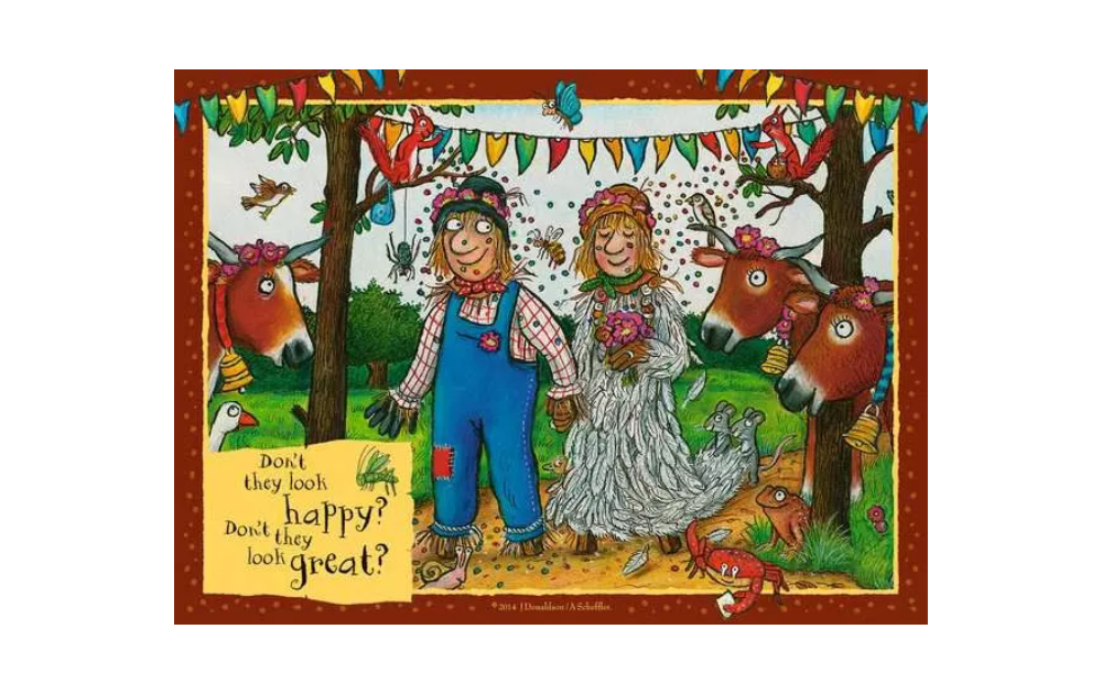 Ravensburger The Scarecrows Wedding 4 in a box Jigsaw Puzzle featuring a cheerful wedding scene with scarecrows