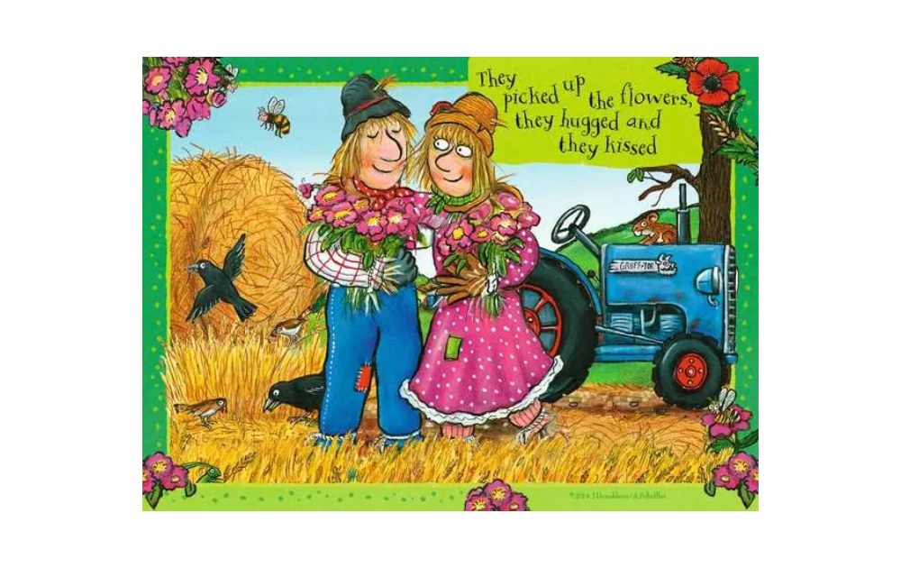 Ravensburger The Scarecrows Wedding 4 in a box jigsaw puzzle featuring playful scarecrows in a farm setting