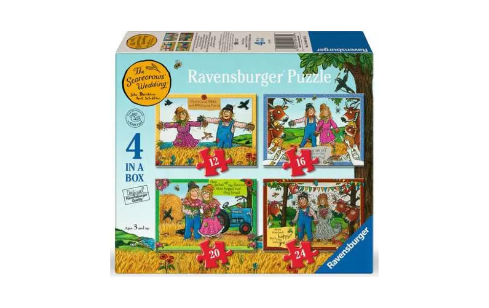 Ravensburger The Scarecrows Wedding 4 in a box Jigsaw Puzzle featuring vibrant scenes with animals and a wedding theme