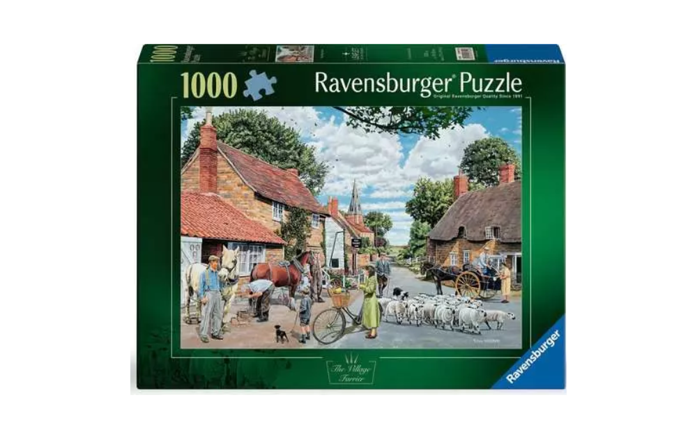 The Village Farrier 1000 Piece Jigsaw Puzzle by Ravensburger featuring a quaint village scene with horses and villagers