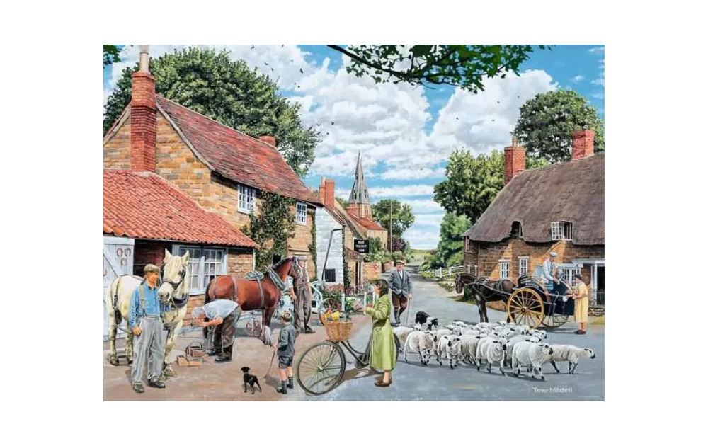 The Village Farrier 1000 Piece Jigsaw Puzzle by Ravensburger featuring a rural village scene with horses and sheep