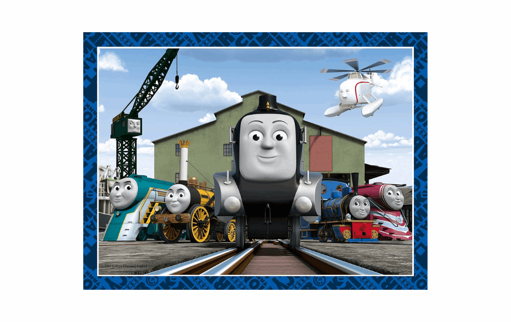 Ravensburger Children's Thomas and Friends puzzle set depicting colorful characters in a train yard