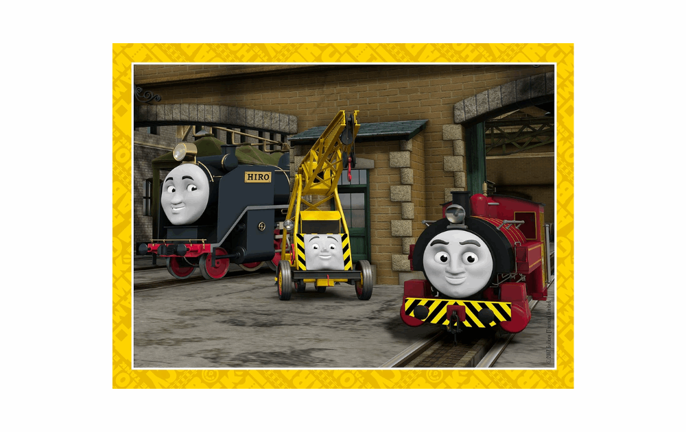 Ravensburger Thomas and Friends puzzle set featuring characters in a colorful train yard scene