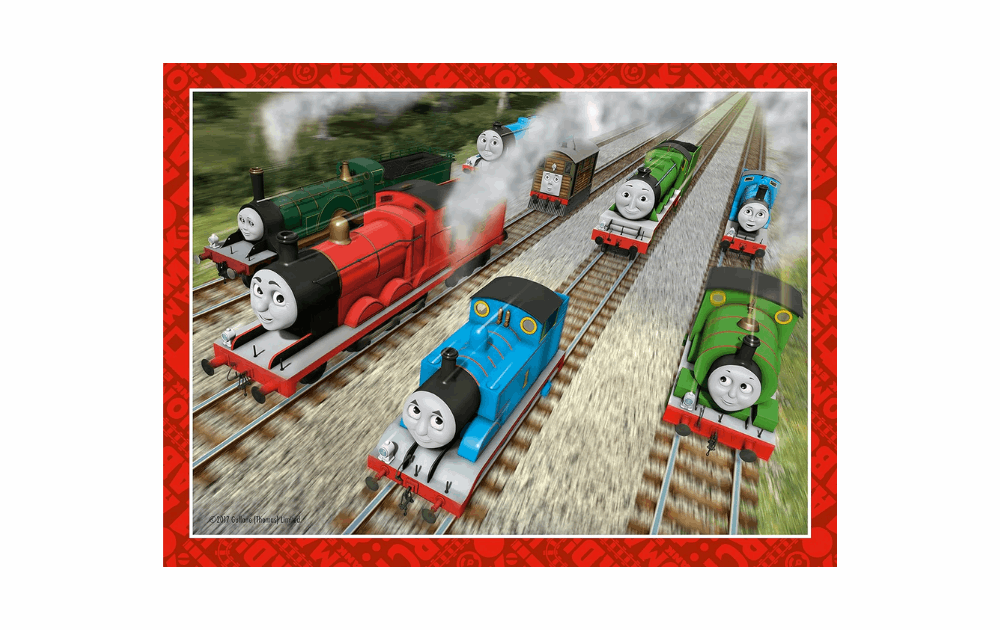 Ravensburger Thomas and Friends puzzle set featuring colorful characters on a train track