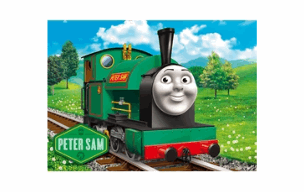 Ravensburger Thomas & Friends jigsaw puzzles featuring Peter Sam on a colorful landscape