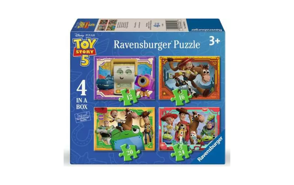 Toy Story 5 4 in a box (12, 16, 20, 24 pieces) Jigsaw Puzzle by Ravensburger featuring four vibrant scenes