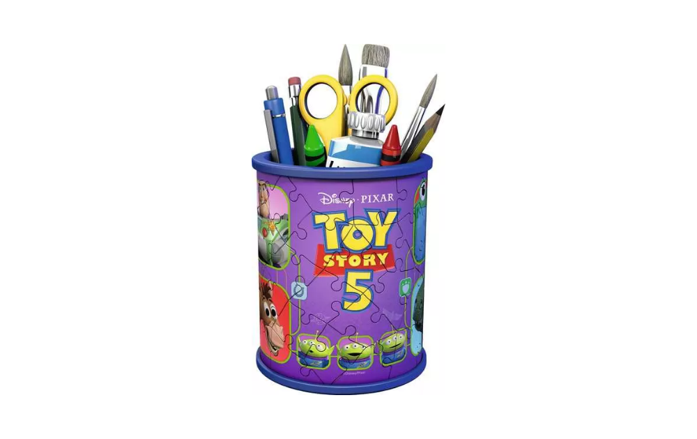 Toy Story 5 Pencil Holder 57 Piece 3D Puzzle by Ravensburger with colourful stationery inside