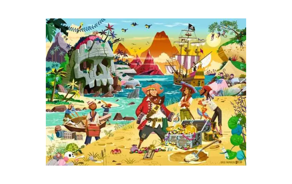 Ravensburger Treasure 100XXL jigsaw puzzle featuring vibrant pirate adventure scene with treasure and ships