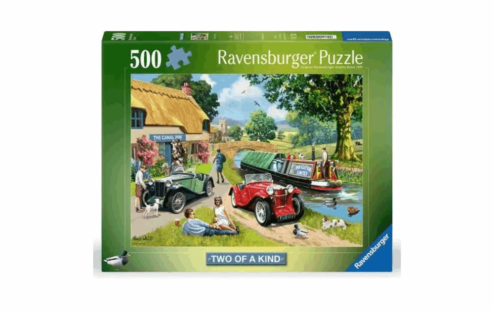 Ravensburger Two Of A Kind puzzle featuring idyllic countryside scene with vintage cars and people enjoying nature