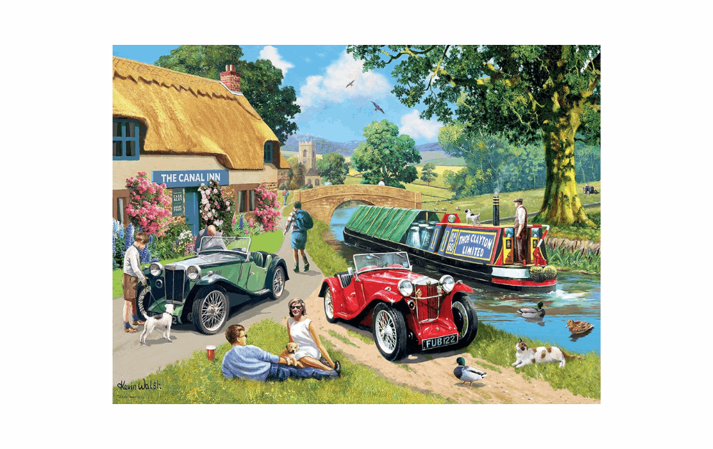 Ravensburger Two Of A Kind puzzle featuring vintage cars near a peaceful canal scene