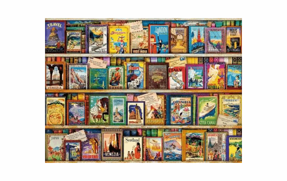 Ravensburger vintage travel guide jigsaw featuring colorful book covers and scenic illustrations