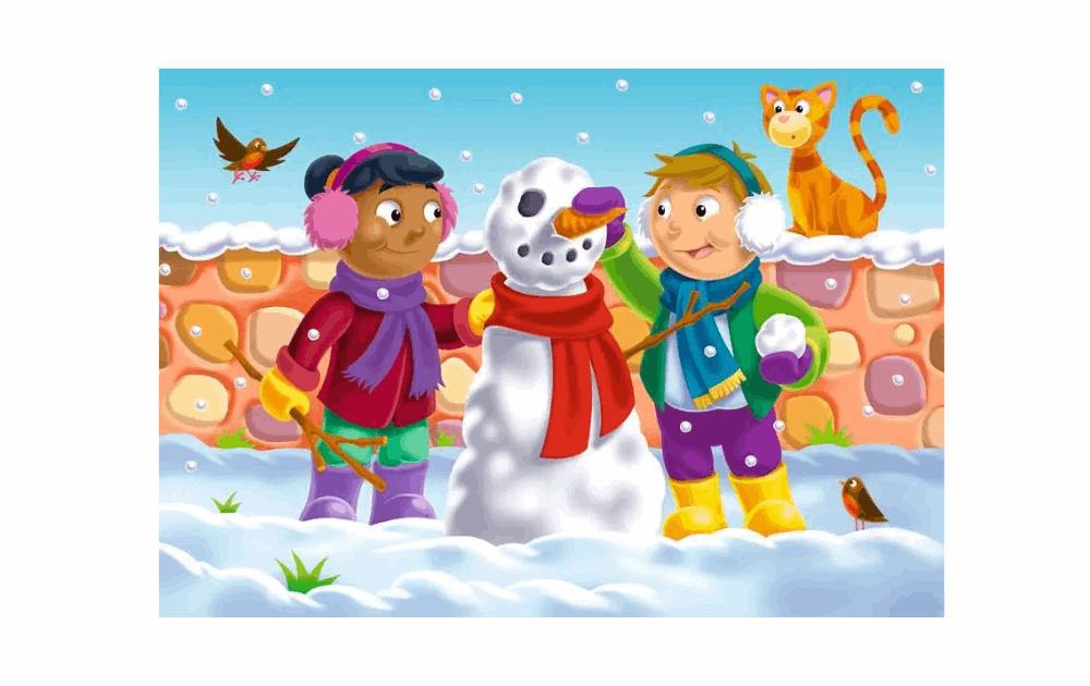Ravensburger children's weather themed jigsaw puzzles featuring kids building a snowman in a snowy landscape
