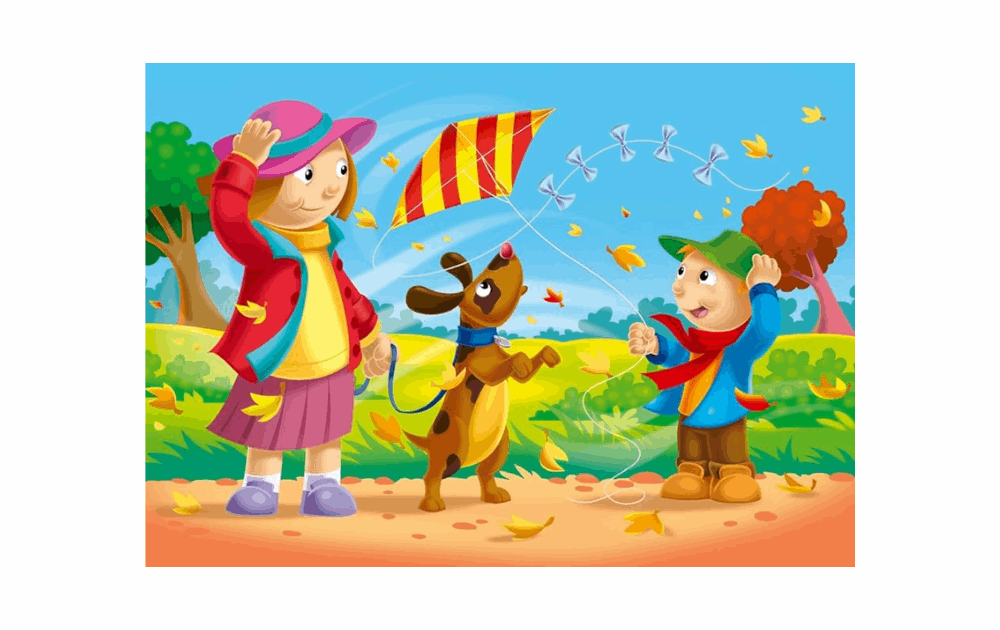 Ravensburger children's weather themed jigsaw puzzles featuring kids flying a kite in autumn scenery