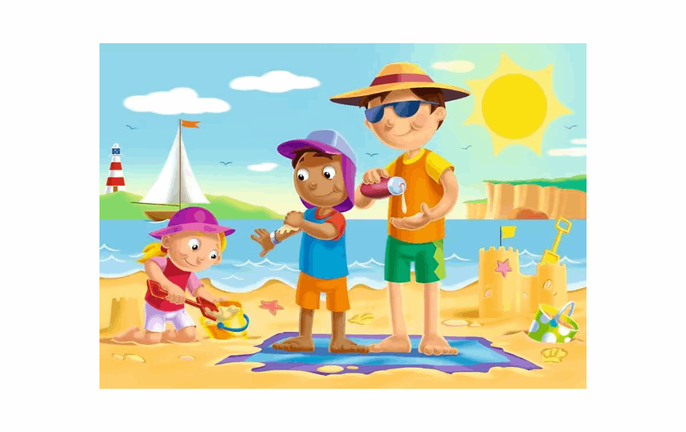 Ravensburger children's weather themed jigsaw puzzles featuring kids playing at the beach on a sunny day