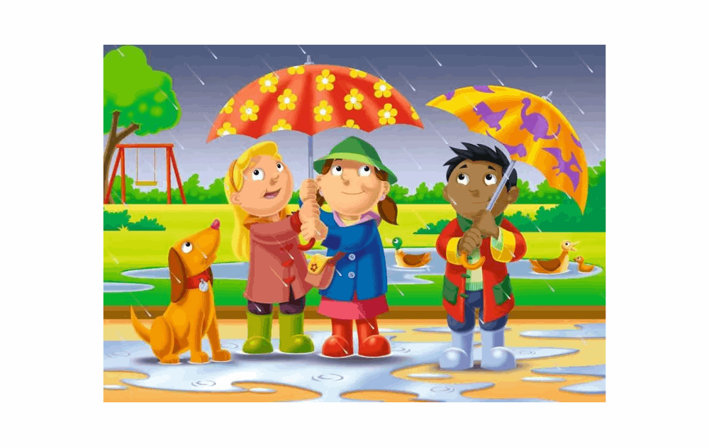 Colorful weather themed jigsaw puzzles featuring children playing in the rain with umbrellas and a dog