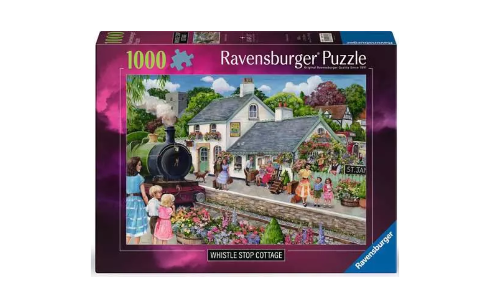 Whistle Stop Cottage 1000 Piece Jigsaw Puzzle by Ravensburger featuring a charming cottage scene with children and flowers