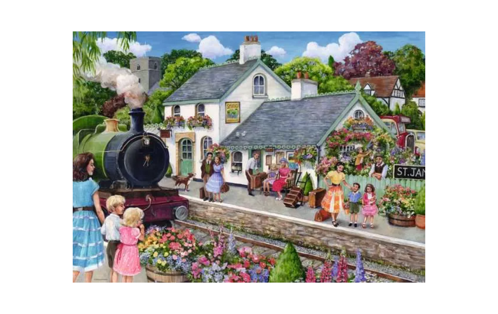 Whistle Stop Cottage 1000 Piece Jigsaw Puzzle by Ravensburger featuring a charming train and village scene