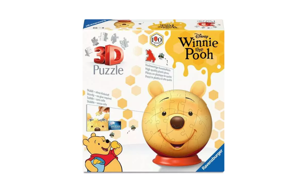 Winnie the Pooh with Ears Globe 3D Puzzle by Ravensburger, 100 piece jigsaw featuring a playful Pooh design
