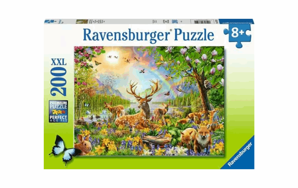 Ravensburger Wonderful Wilderness Puzzle featuring a vibrant forest scene with wildlife and colorful flowers