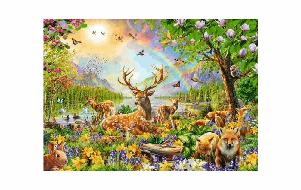 Ravensburger Wonderful Wilderness Puzzle featuring a vibrant wildlife scene with deer, foxes, and colorful flowers