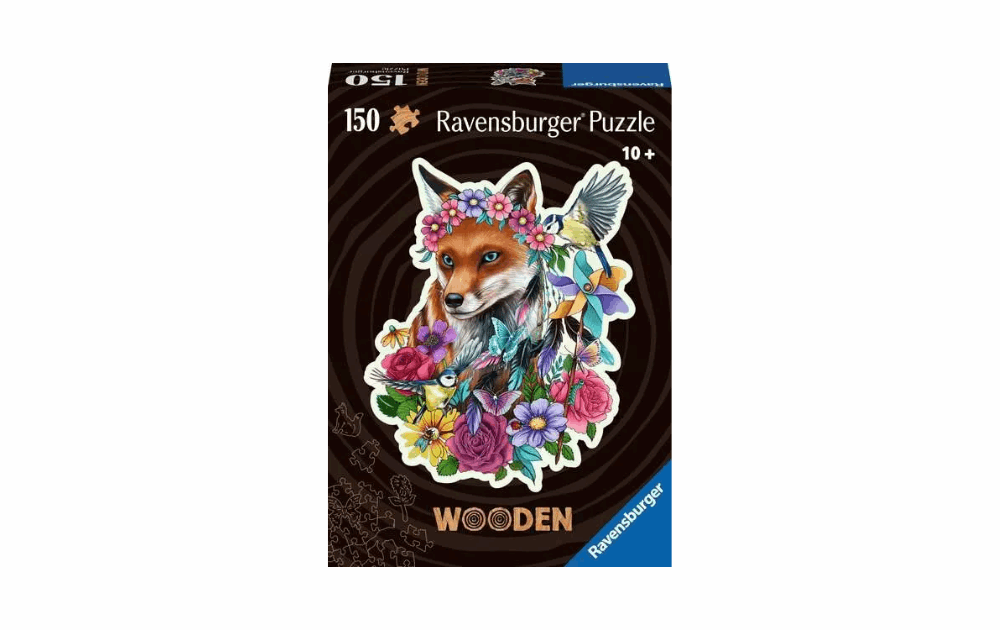 Ravensburger wooden puzzle featuring a fox surrounded by colorful flowers and birds for ages 10 and up