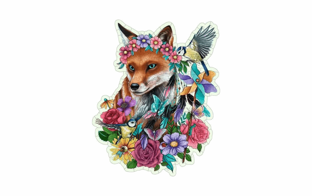 Ravensburger wooden puzzle featuring a beautifully detailed fox with flowers and birds