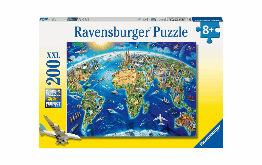 Ravensburger world landmarks puzzle featuring colorful scenes of famous global sites and landmarks for kids