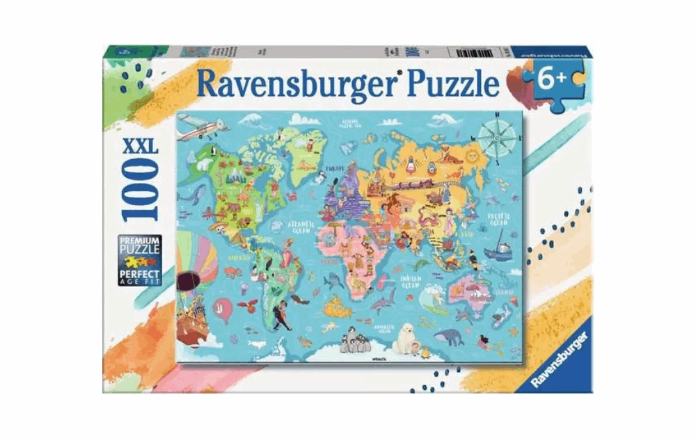 Ravensburger world map puzzle with colorful illustrations for children aged 6 and up, featuring animals and landmarks