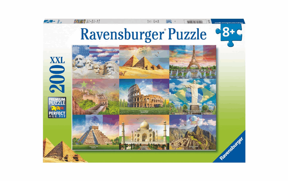 Ravensburger World Monuments puzzle featuring iconic landmarks for children aged 8 and up