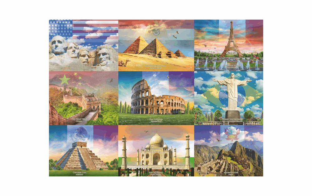 Ravensburger World Monuments puzzle featuring iconic landmarks like the Eiffel Tower and Great Wall