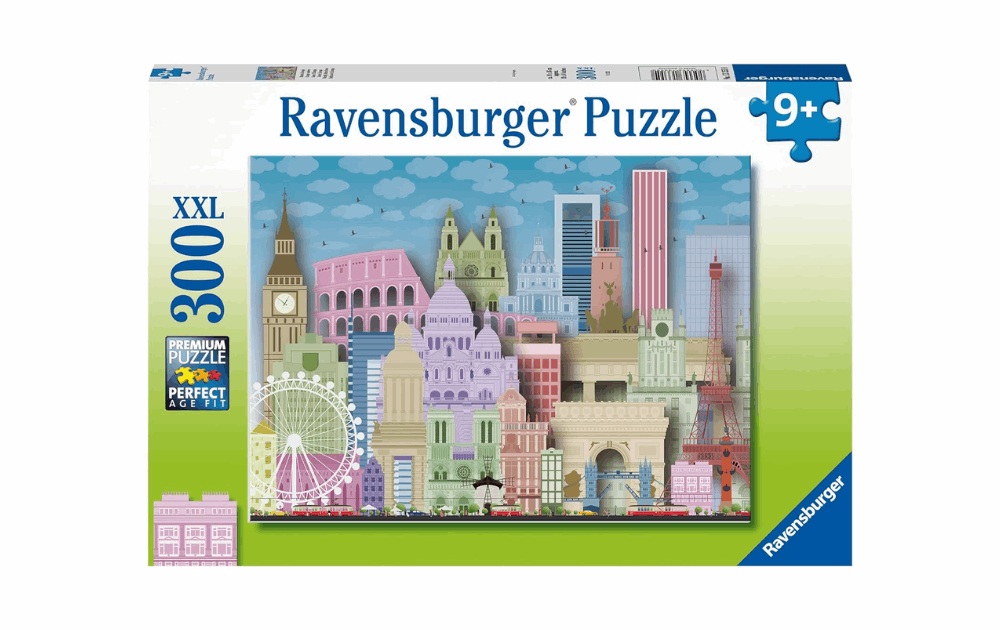 Ravensburger Worldly Attractions puzzle featuring famous landmarks in a colorful 300-piece design for children.