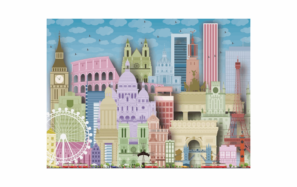 Ravensburger Worldly Attractions puzzle featuring colorful landmarks from around the world