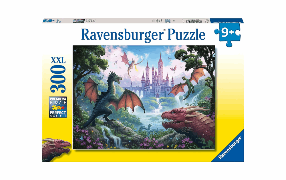 Ravensburger XXL dragon jigsaw puzzle featuring colorful dragons and a fantasy castle scene for children