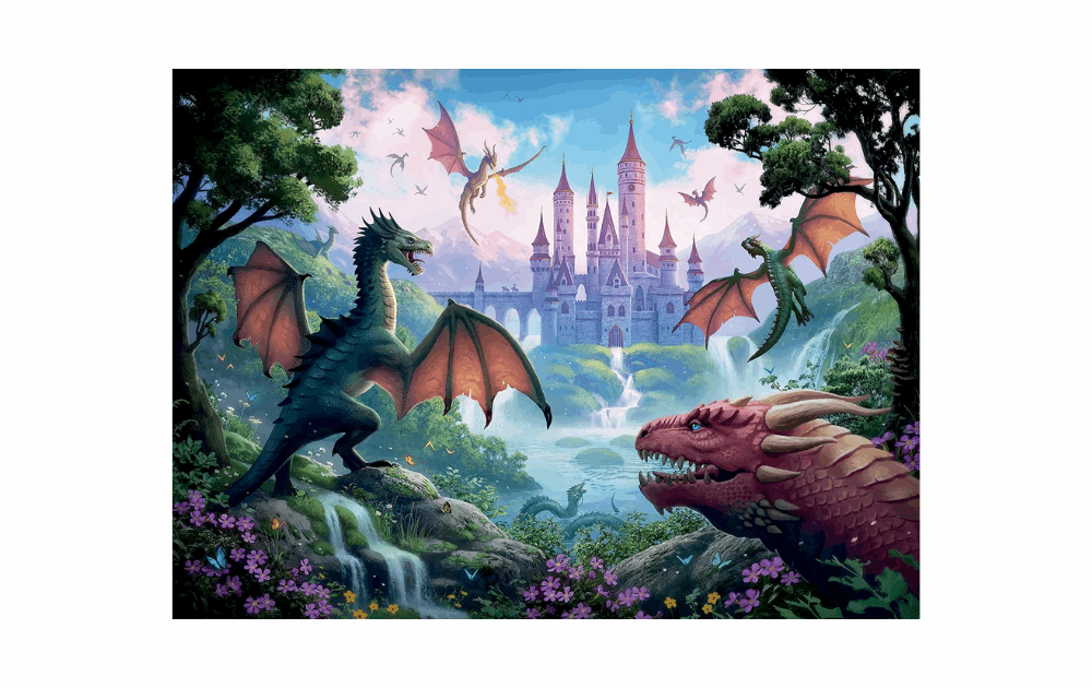 Ravensburger XXL dragon jigsaw puzzle featuring vibrant dragons and a magical castle landscape