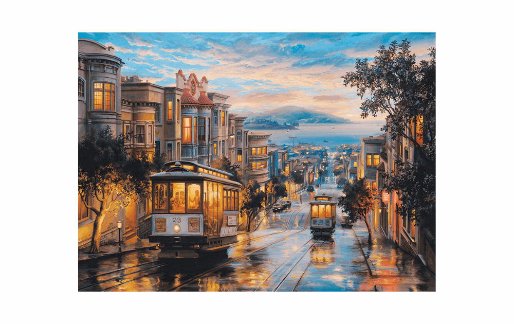 Eurographics San Francisco cable car puzzle featuring vibrant street scene with trams and sunset sky