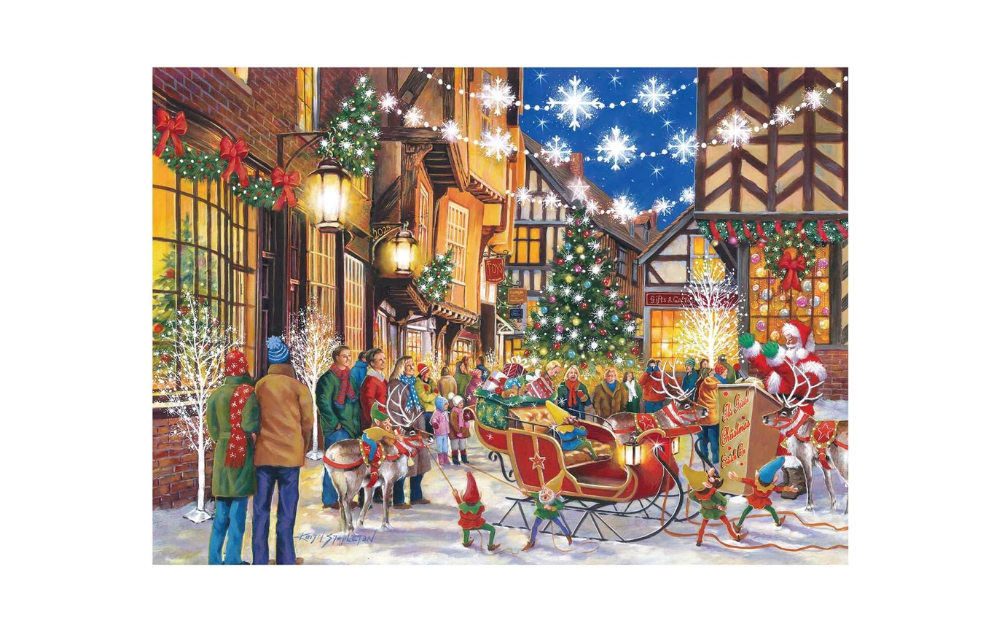 Santa Switch On 1000 piece jigsaw puzzle featuring a festive street scene with Santa and reindeer