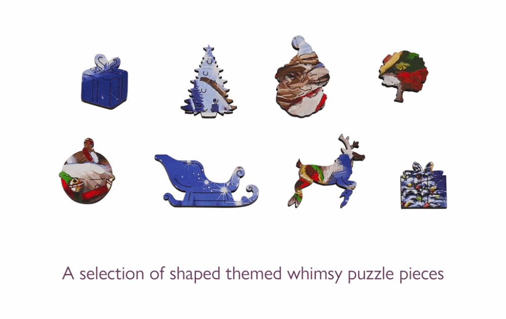 Colorful themed whimsy pieces from the Santa's Sleigh wooden jigsaw by Wentworth