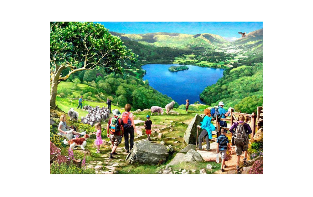 The Jigsaw Cellar 500 piece lake view jigsaw puzzle of hilltop walkers sheep island and scenic blue lake