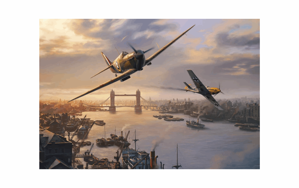 Gibsons Spitfire Skirmish puzzle showcasing fighter planes over a river and cityscape at sunset